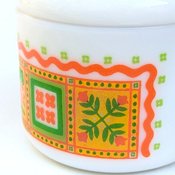 Vintage 1970s Avon Milk Glass Jar Unopened Candle Orange Green Yellow Mod Design - Picture 6 of 12